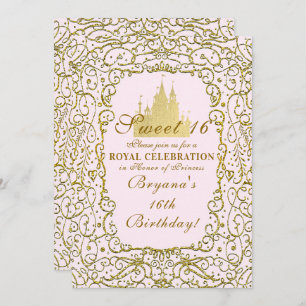 Invitation Blush Rose & Or Royal Castle Princess Sweet 16