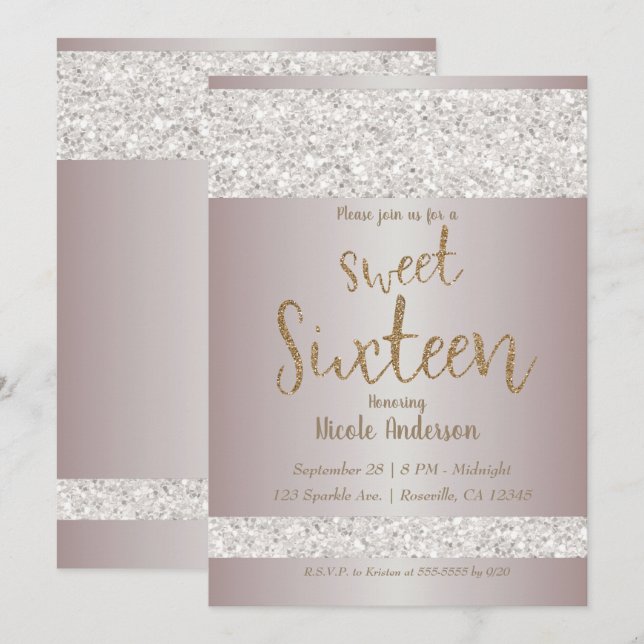 Invitation Blush Rose Pailleté Blanc Douze Seize Ans Doux (Devant / Derrière)