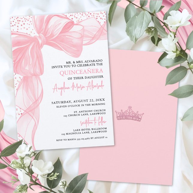 Invitation Blush Rose Pailletés Bow Quinceanera (Blush Pink Quinceanera Invitation)