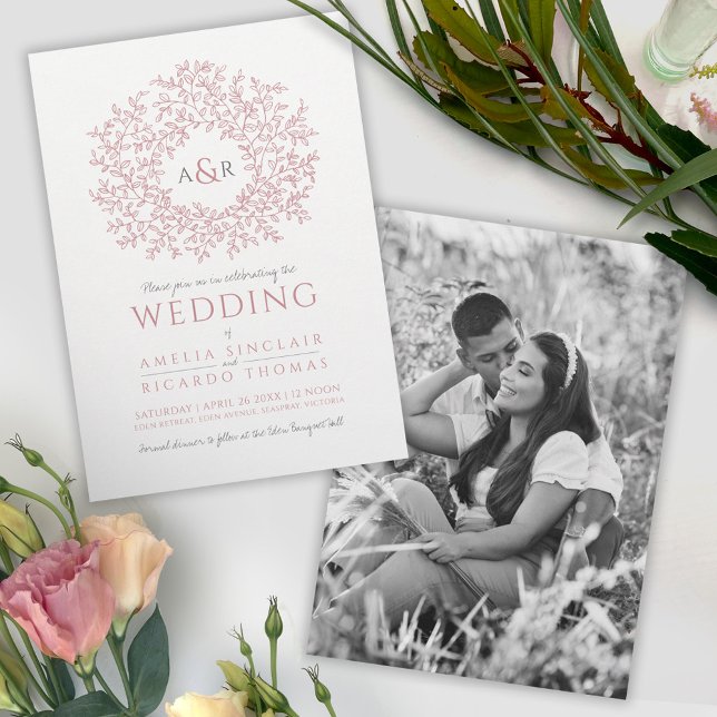 Invitation Blush rose pâle cercle dessiné à la main feuille p (Créateur téléchargé)