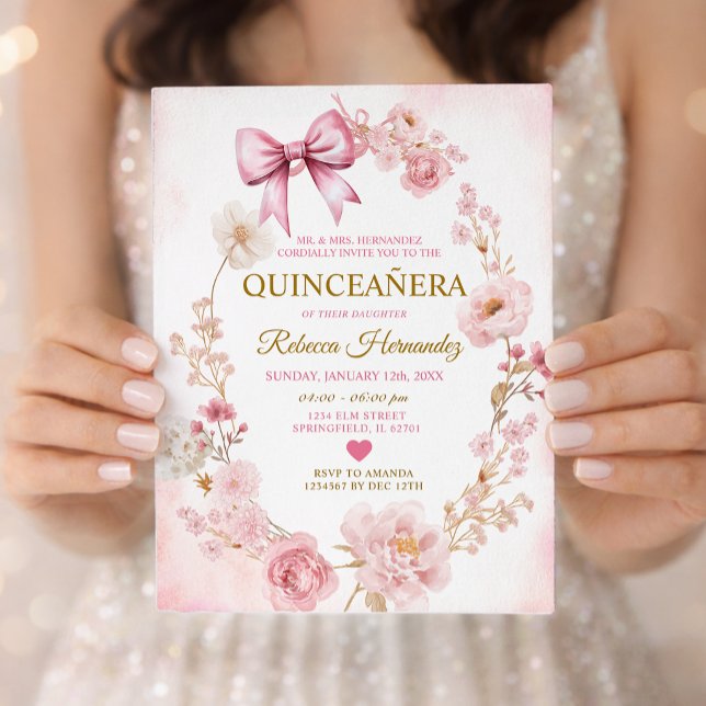 Invitation Blush Rose Pâle Nœud Quinceañera (Créateur téléchargé)