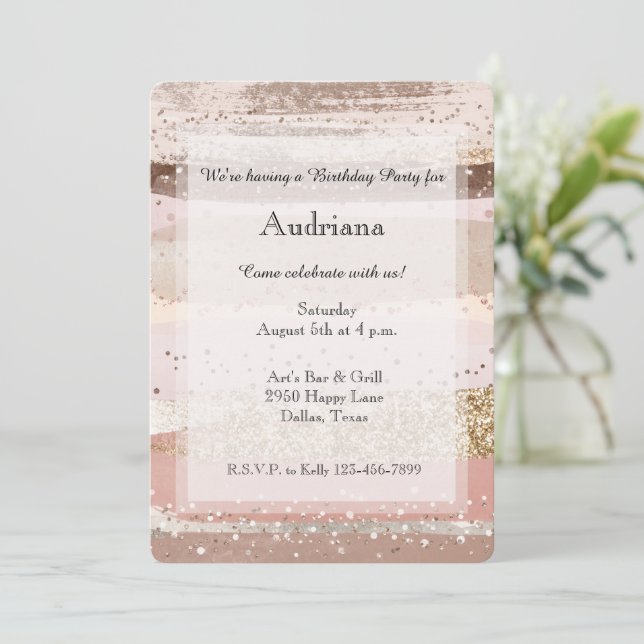 Invitation Blush Rose Pink Chocolate Gold Glitter Birthday (Debout devant)