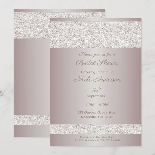 Invitation Blush rose poudré scintillant mariage blanc (Devant / Derrière)