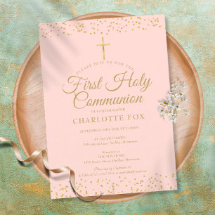 Invitation Blush rose première communion poudrée or