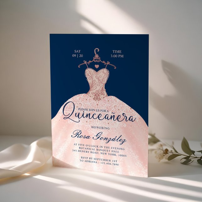 Invitation Blush rose Quinceañera Roya Gown Navy Blue (Blush Pink Quinceañera Roya Gown Navy Blue Invitation)