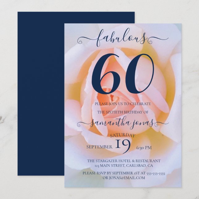 Invitation Blush rose rose blanc 60e anniversaire fête (Devant / Derrière)