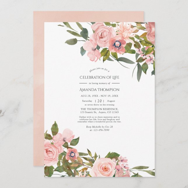 Invitation Blush Rose & Rose Gold Floral Célébration de la vi (Devant / Derrière)
