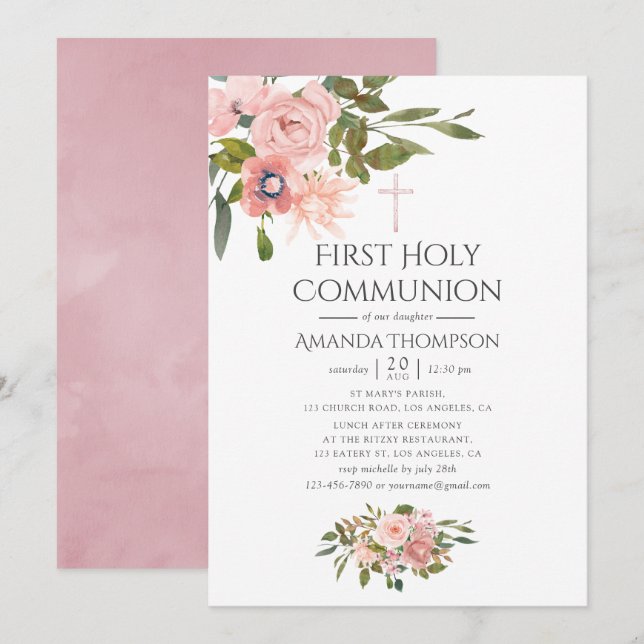 Invitation Blush Rose & Rose Gold Floral First Holy Communion (Devant / Derrière)