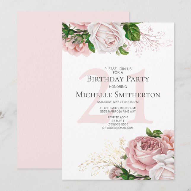 Invitation Blush rose Roses floraux Blanc 21e anniversaire (Devant / Derrière)