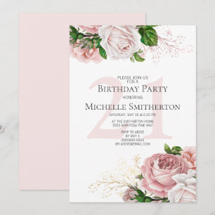 Invitation Blush rose Roses floraux Blanc 21e anniversaire