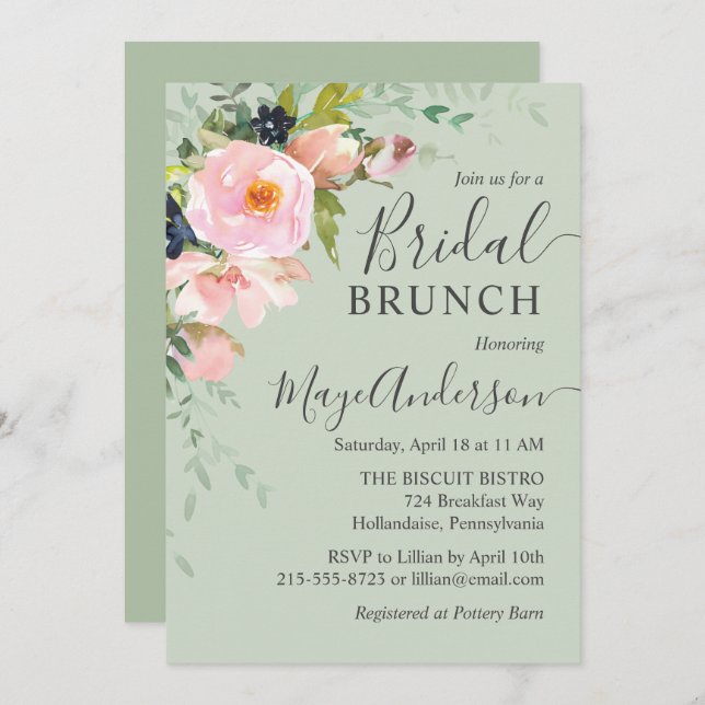 Invitation Blush Rose & Sage Green Floral Bridal Brunch (Devant / Derrière)