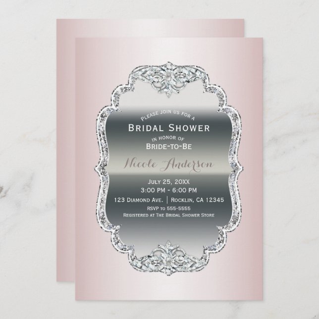 Invitation Blush rose & Silver Diamond Bling Vintage Glamor (Devant / Derrière)