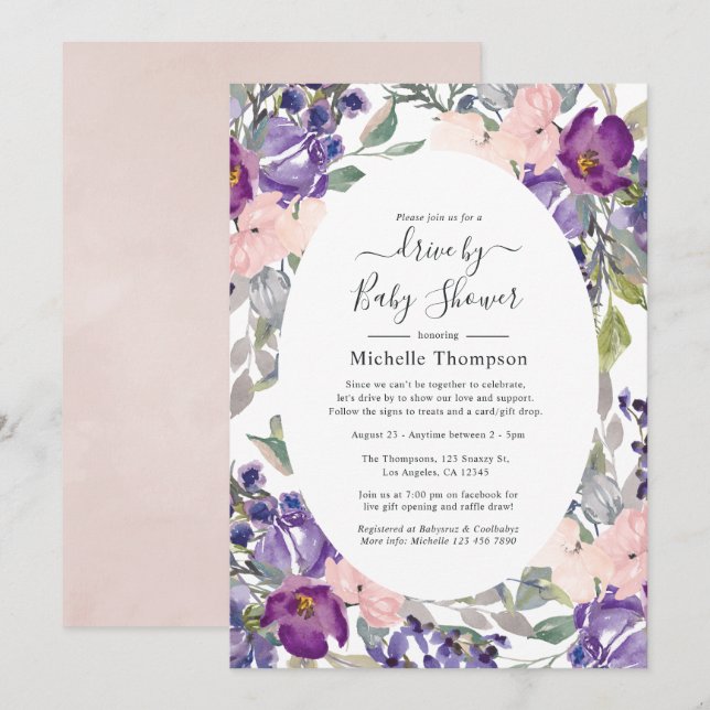 Invitation Blush rose, violet et pruneau Drive By Shower (Devant / Derrière)