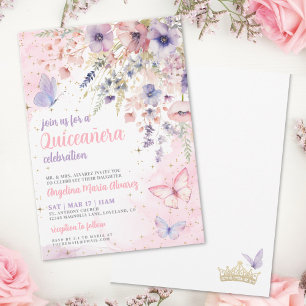 Invitation Blush Rose Violet Floral Papillon Quinceanera