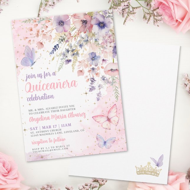 Invitation Blush Rose Violet Floral Papillon Quinceanera (Blush Pink Purple Floral Butterfly Quinceanera Invitation)