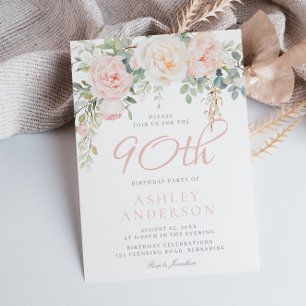 Invitation Blush & Sage Elégant Floral 90 Anniversaire