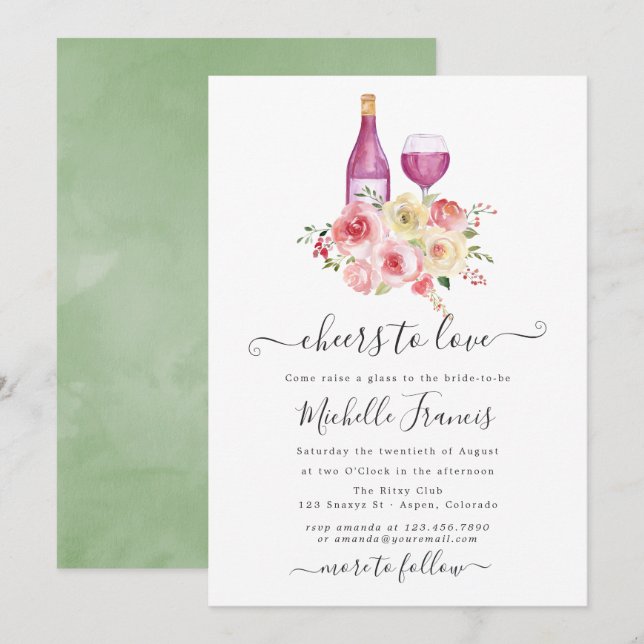 Invitation Blush & Sage Floral Bridal Shower Dégustation de v (Devant / Derrière)