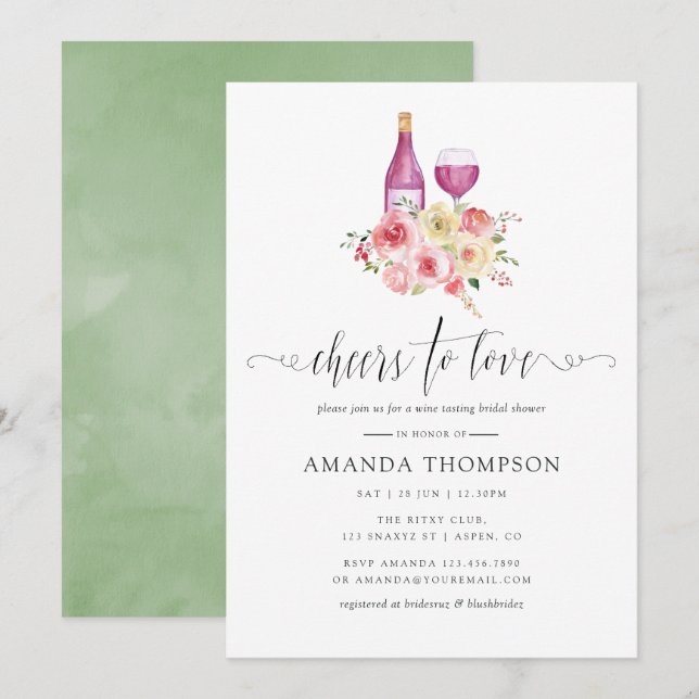 Invitation Blush & Sage Floral Bridal Shower Dégustation de V (Devant / Derrière)