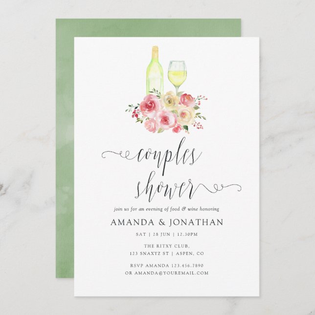 Invitation Blush & Sage Floral Couples Douche Dégustation De  (Devant / Derrière)