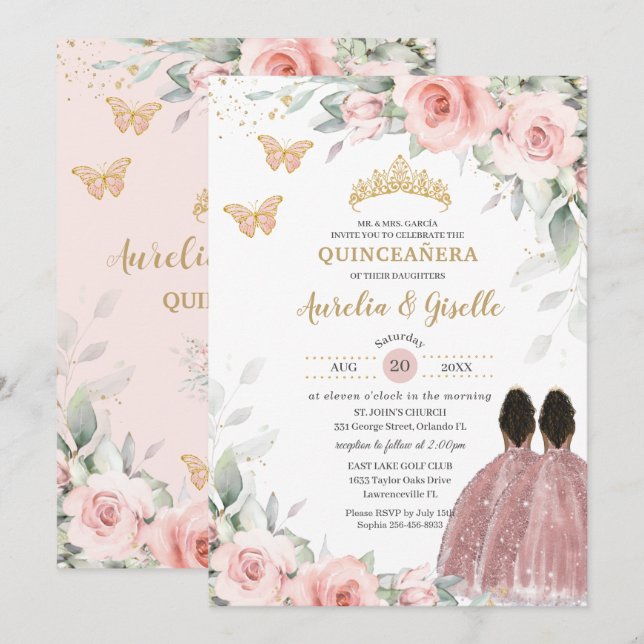 Invitation Blush Sage Floral Twins Brown Princesse Quinceañer (Devant / Derrière)