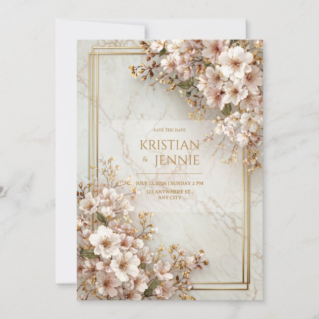 Invitation Blush Sakura Marble Gilded Frame Wedding (Devant)