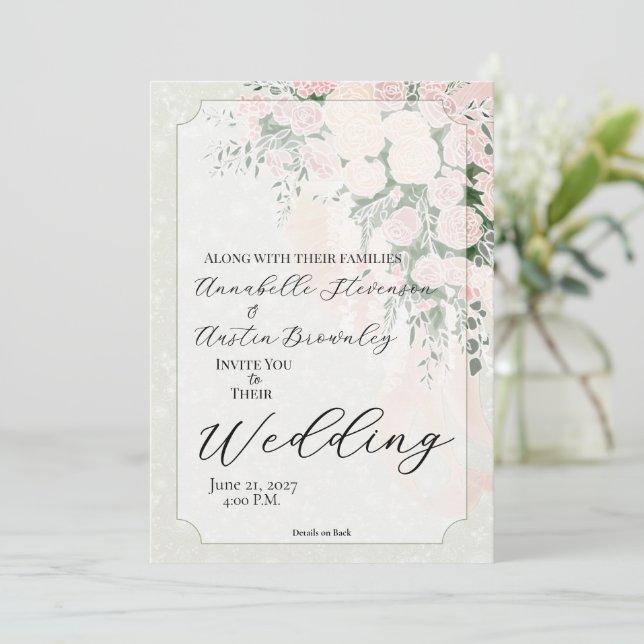 Invitation Blush Sheer Bow Rose Wisteria Bouquet en Cascade (Debout devant)