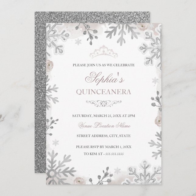 Invitation Blush Silver Winter Wonderland Quinceanera (Devant / Derrière)