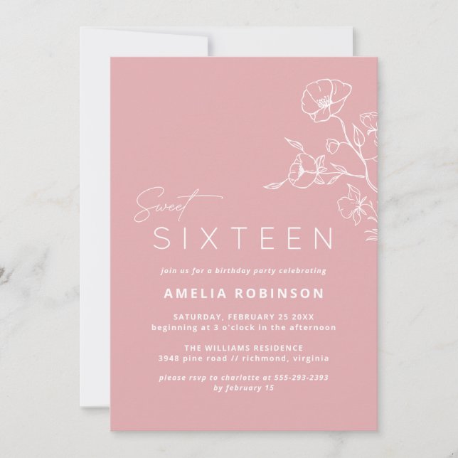 Invitation Blush Sweet sixteen rose Airy Floral 16e anniversa (Devant)