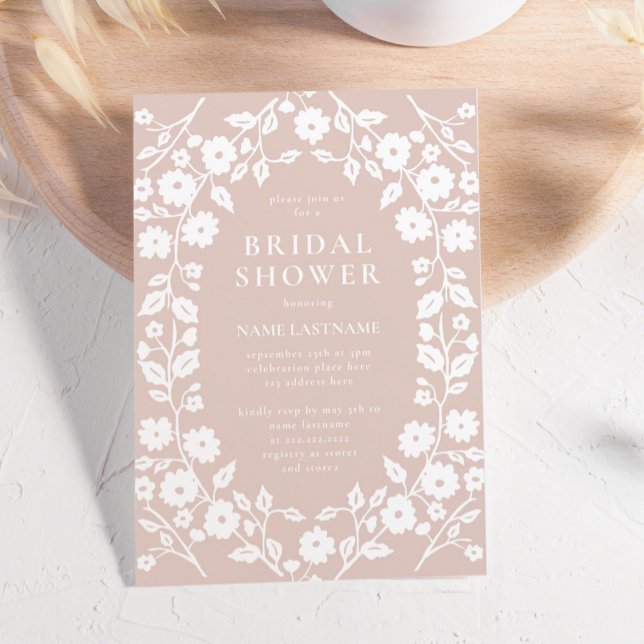 Invitation Blush Tan Simple Blanc Folk Fête des mariées Flora (Créateur téléchargé)
