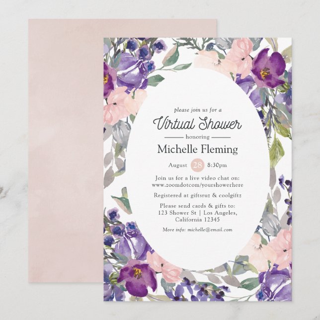 Invitation Blush, Violet & Plum Virtual Baby ou Fête des mari (Devant / Derrière)