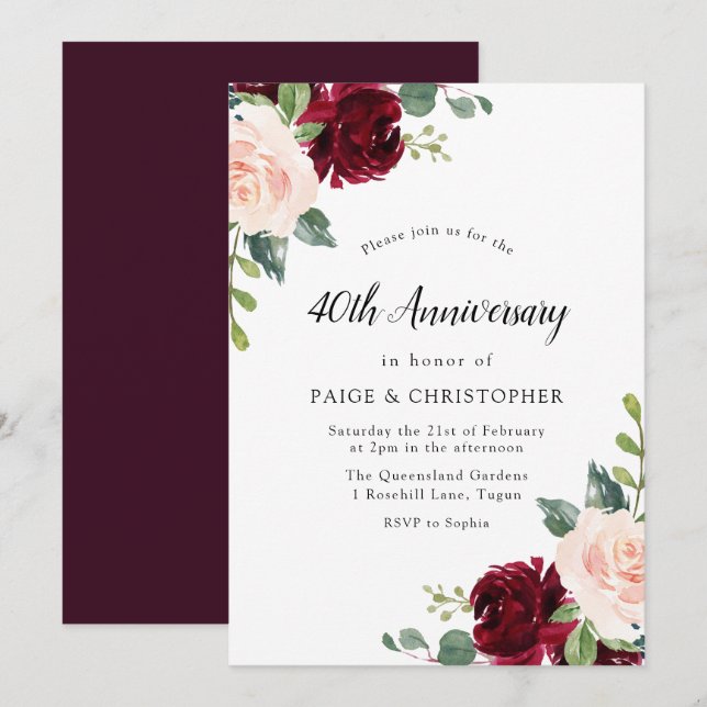 Invitation Blush Watercolor Floral 40e anniversaire de mariag (Devant / Derrière)