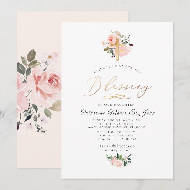 Invitation Blush Watercolor Flowers Faux Gold Blessing (Devant / Derrière)