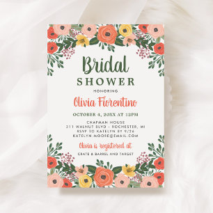 Invitation Blush Whimsical et Fête des mariées Florale Orange