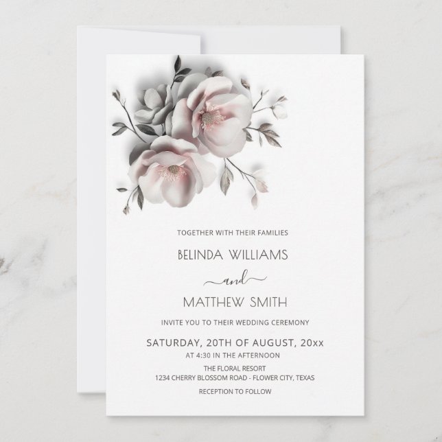 Invitation Blush White 3D Roses Wedding (Devant)