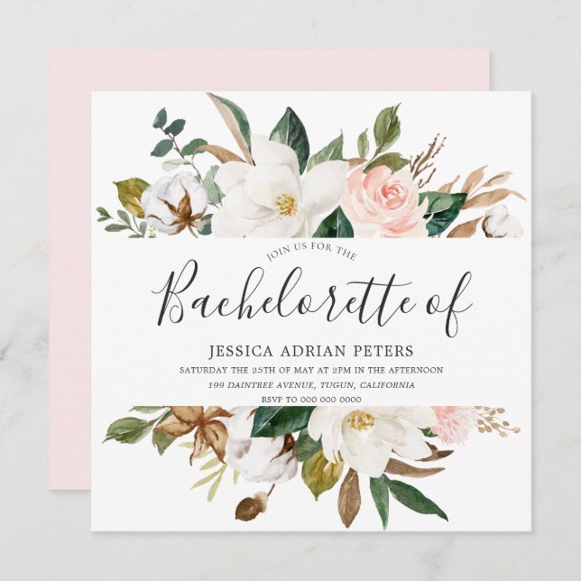 Invitation Blush & White Belle Fleurs Bachelorette Party (Devant / Derrière)