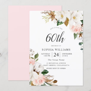 Invitation Blush & White Elegant Flowers 60e fête d'anniversa