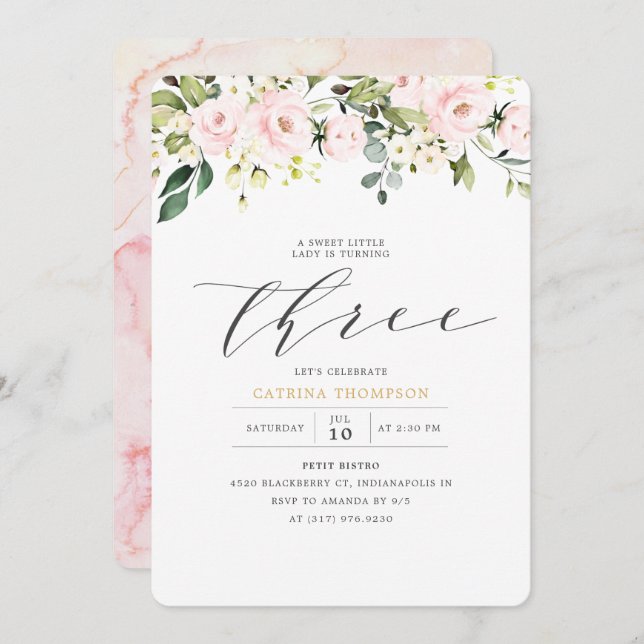 Invitation Blush White Floral & Eucalyptus Girl 3e anniversai (Devant / Derrière)