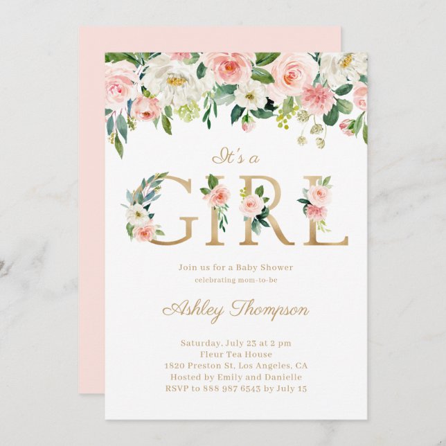 Invitation Blush & White Flowers Gold C'est un Baby shower fé (Devant / Derrière)