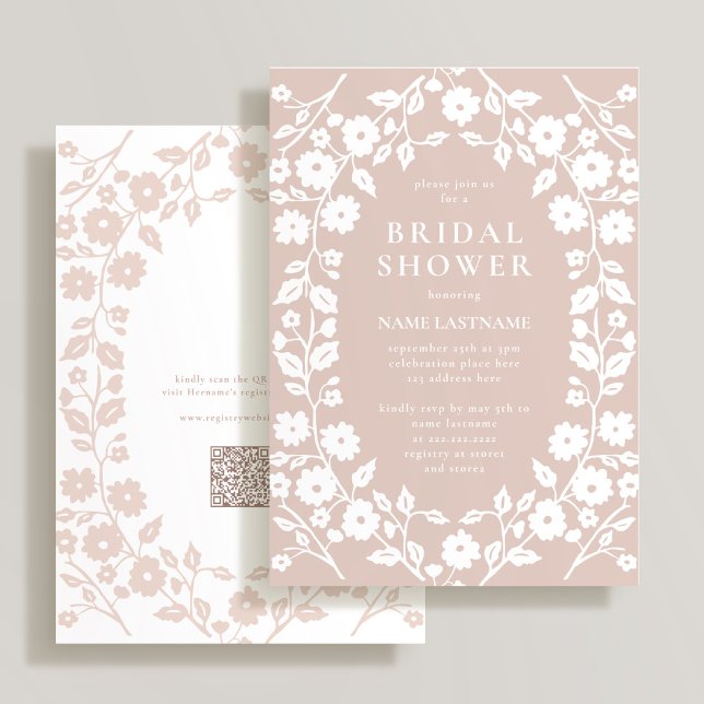 Invitation Blush White QR Code Folk Floral Fête des mariées (Créateur téléchargé)