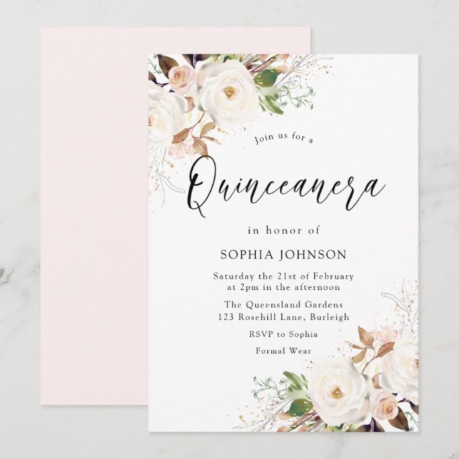 Invitation Blush White Winter Forest Quinceanera Party (Devant / Derrière)