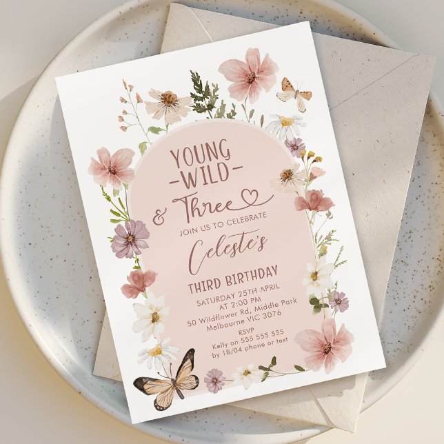Invitation Blush Wildflower Young Wild Trois 3e Anniversaire  (Young, Wild and Three Birthday Invitation Wildflowers, Wildflowers 3rd Birthday Invitation Template)