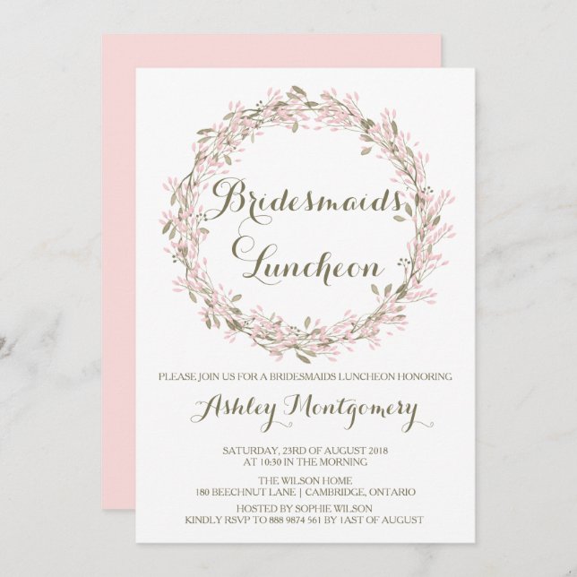 Invitation Blush Winter Wreath Bridesmaids Luncheon Invitatio (Devant / Derrière)