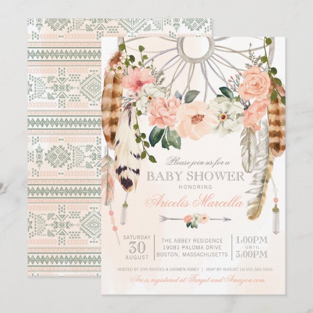 Invitation Blushing Dream Boho Dreamcatcher Baby shower (Devant / Derrière)