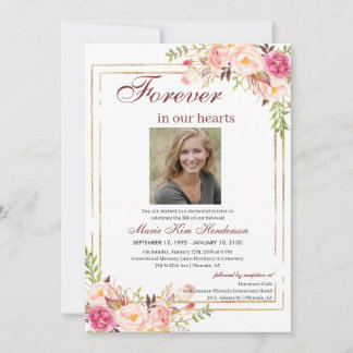 Invitation BlushPink Boho Gold Memorial Service Funeral Photo