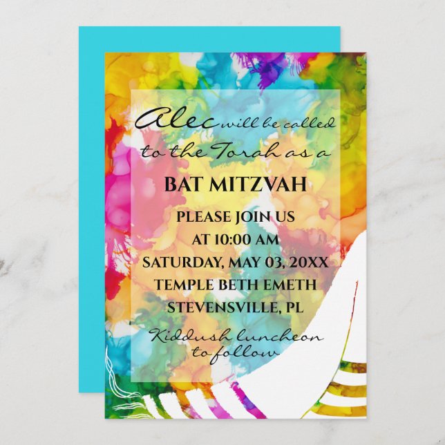 Invitation BM Bat Bar Mitzvah Splash de couleur Tallit (Devant / Derrière)