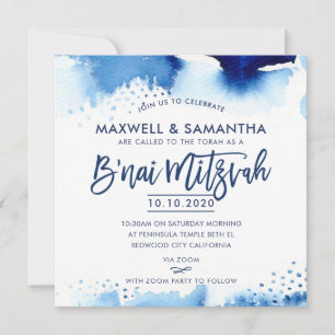 INVITATION B'NAI MITZVAH aquarelle bleue lettrée à