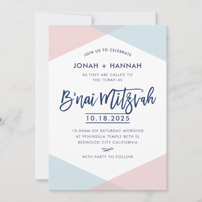 Invitation B'NAI MITZVAH écriture moderne minimale bleu rose (Devant)