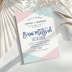 Invitation B'NAI MITZVAH écriture moderne minimale bleu rose
