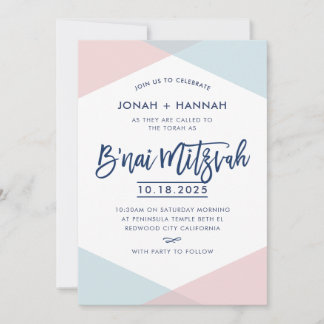 Invitation B'NAI MITZVAH modern minimal script blue pink