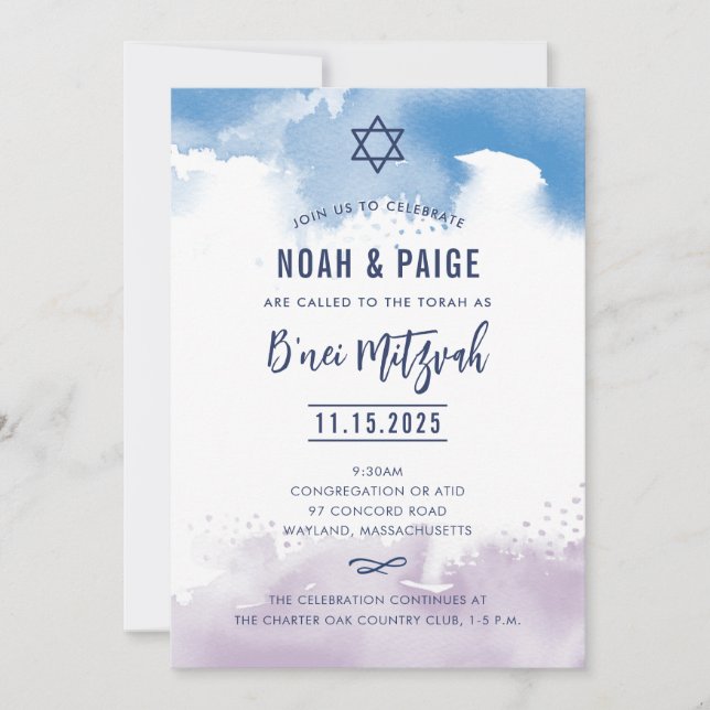 Invitation B'NEI MITZVAH script bleu & violet aquarelle 2 (Devant)